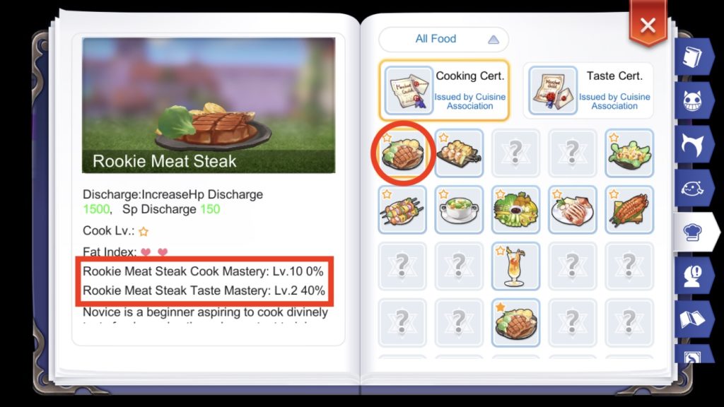 Recipe Cook and Taste Mastery Levels in Adventure Handbook